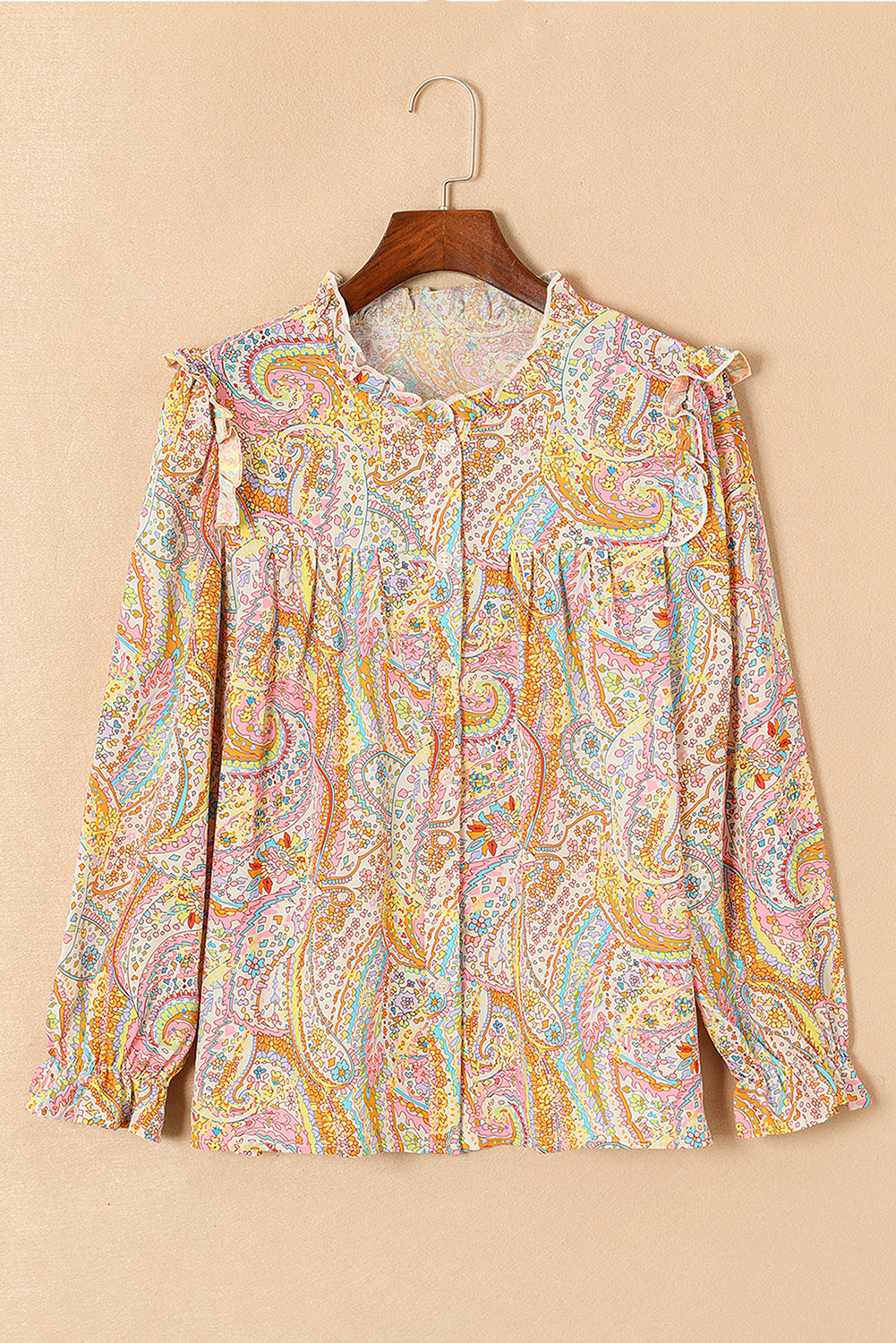 Yellow Paisley Print Ruffled Trim Boho Shirt - Premium Tops from Momma Done Gone Crafty- Just $33.30! Shop now at Momma Done Gone Crafty