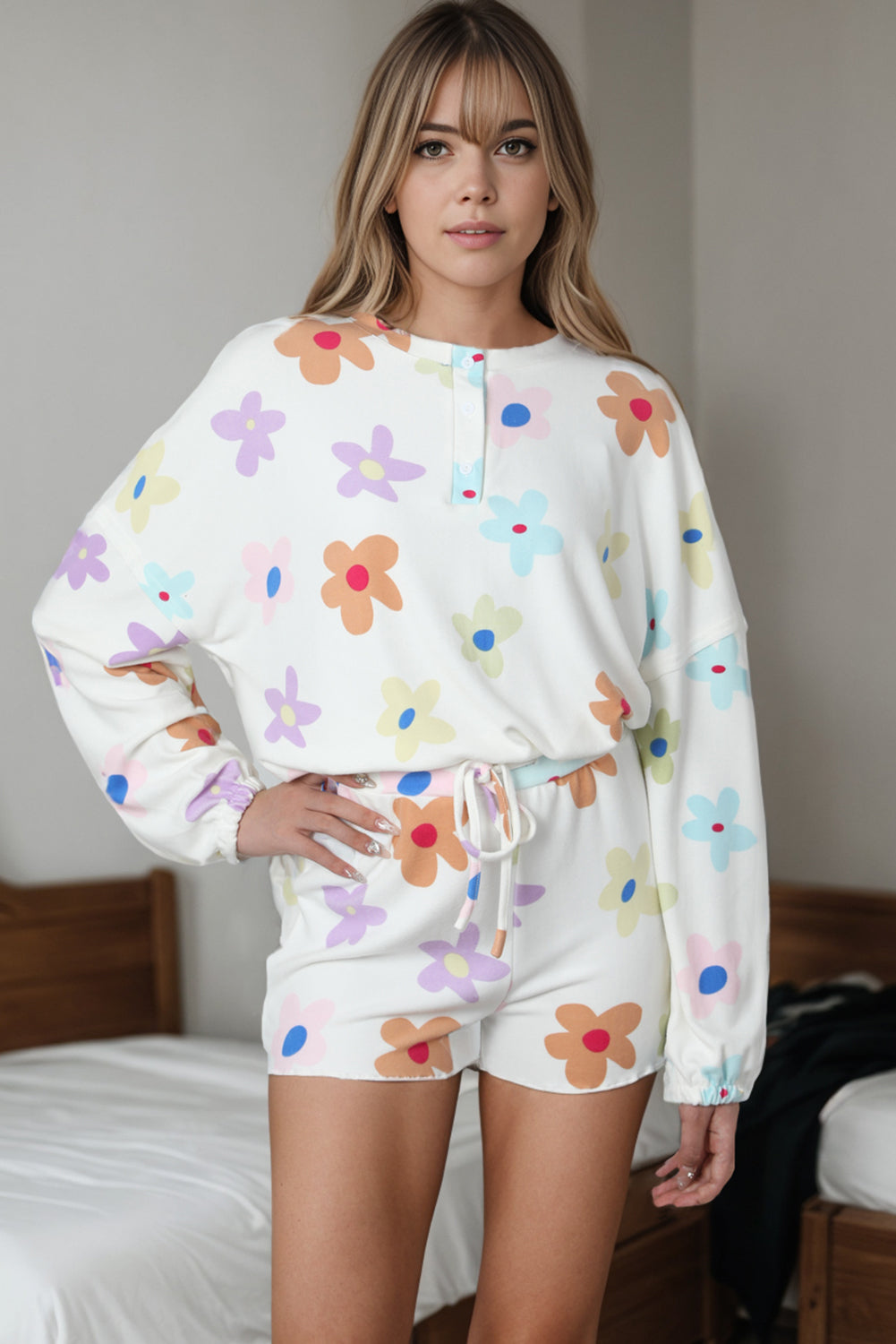 White Floral Long Sleeve Henley Top and Drawstring Shorts Set - Premium Loungewear from Momma Done Gone Crafty- Just $60.27! Shop now at Momma Done Gone Crafty