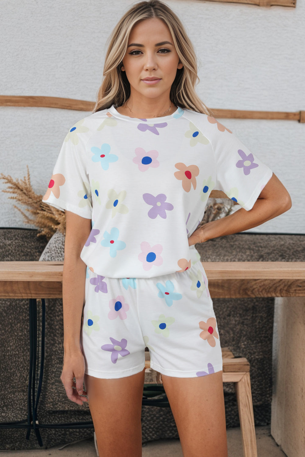 White Flower Print Short Sleeve High Waist Two Piece Shorts Set - Premium Loungewear from Momma Done Gone Crafty- Just $31! Shop now at Momma Done Gone Crafty