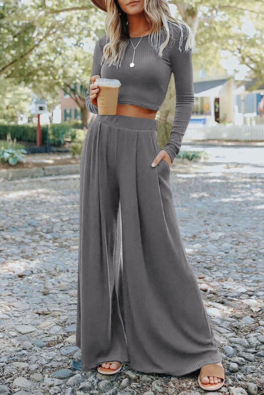 Gray Solid Color Ribbed Crop Top Long Pants Set - Premium Loungewear from Momma Done Gone Crafty- Just $65.94! Shop now at Momma Done Gone Crafty