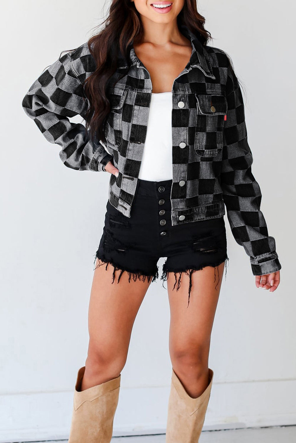 Black Checkered Patchwork Button up Denim Jacket - Premium Outerwear/Denim jackets from Momma Done Gone Crafty- Just $37.11! Shop now at Momma Done Gone Crafty