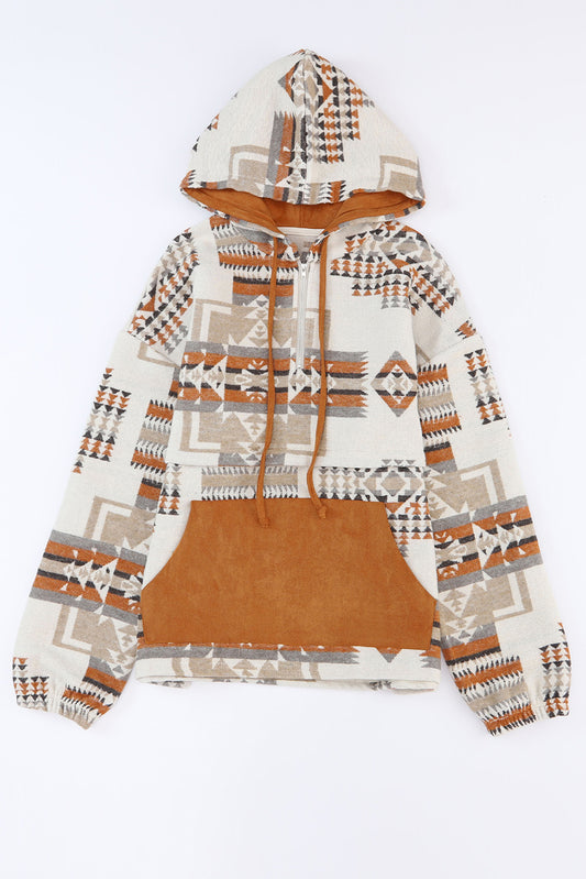 Beige Aztec Print Kangaroo Pocket Half-Zip Hoodie - Premium Tops from Momma Done Gone Crafty- Just $51.46! Shop now at Momma Done Gone Crafty