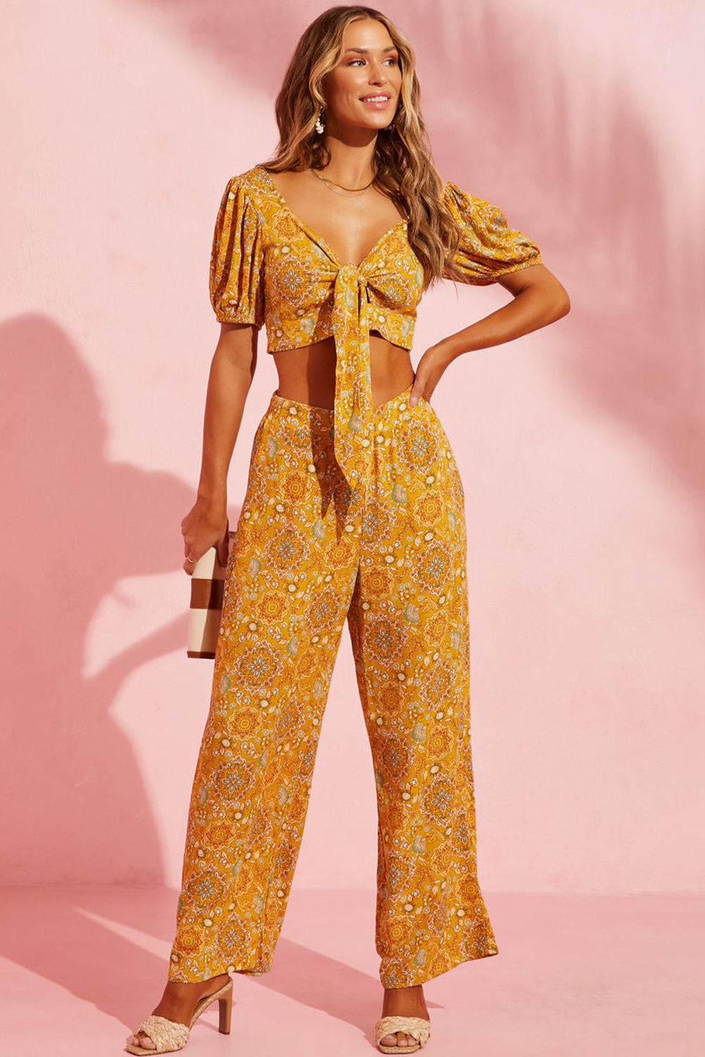 Yellow Bohemian Floral Print Pocketed Wide Leg Pants - Premium Bottoms from Momma Done Gone Crafty- Just $52.86! Shop now at Momma Done Gone Crafty