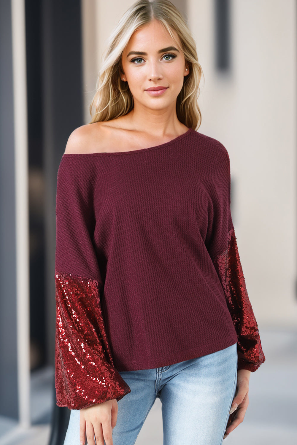 Biking Red Sequin Patchwork Sleeve Open Back Waffle Knit Top - Premium Tops from Momma Done Gone Crafty- Just $40.86! Shop now at Momma Done Gone Crafty