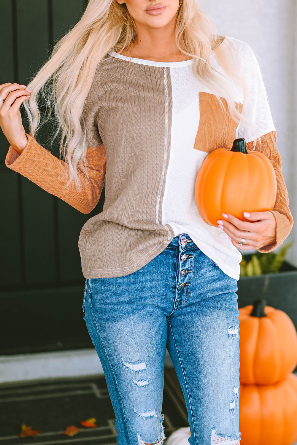 Orange Long Sleeve Colorblock Chest Pocket Textured Knit Top - Premium Tops from Momma Done Gone Crafty- Just $19.20! Shop now at Momma Done Gone Crafty