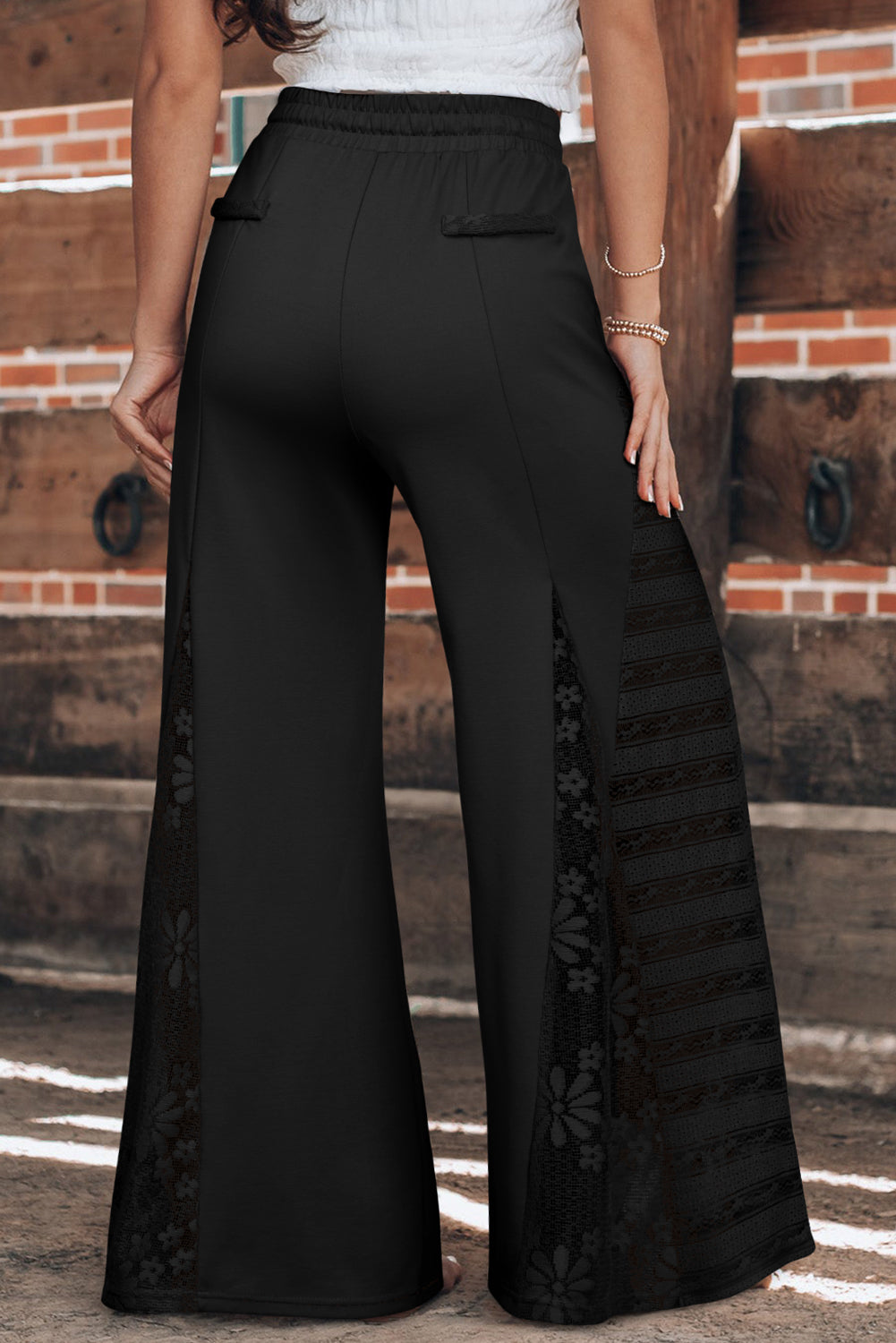 Black Boho Lace Patchwork Wide Leg High Waist Pants - Premium Bottoms/Pants & Culotte from Momma Done Gone Crafty- Just $32.55! Shop now at Momma Done Gone Crafty