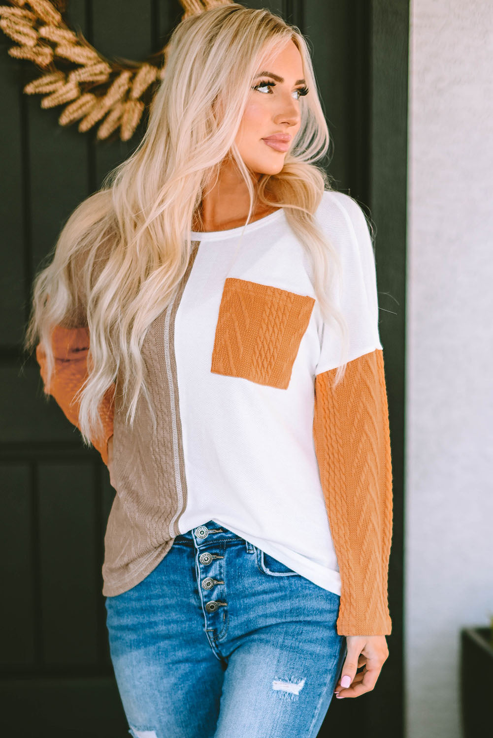 Orange Long Sleeve Colorblock Chest Pocket Textured Knit Top - Premium Tops from Momma Done Gone Crafty- Just $19.20! Shop now at Momma Done Gone Crafty