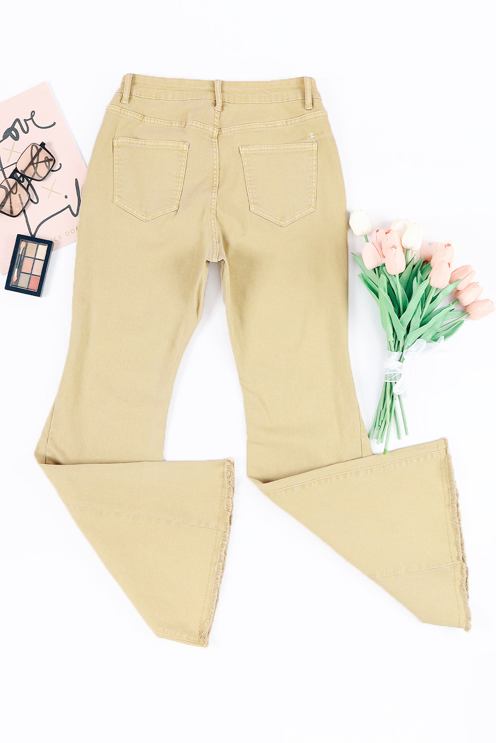 Khaki Raw Edge Mid Waist Flared Jeans - Premium Bottoms from Momma Done Gone Crafty- Just $60! Shop now at Momma Done Gone Crafty