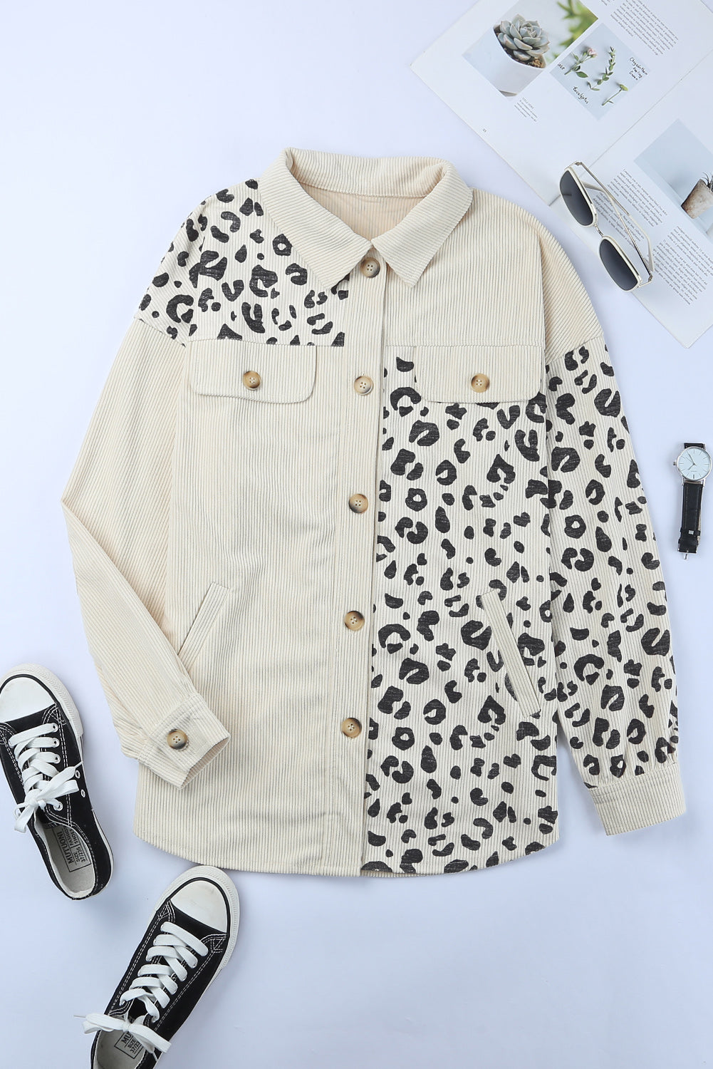 Apricot Leopard Print Detail Pocketed Corduroy Jacket - Premium Outerwear from Momma Done Gone Crafty- Just $34.00! Shop now at Momma Done Gone Crafty