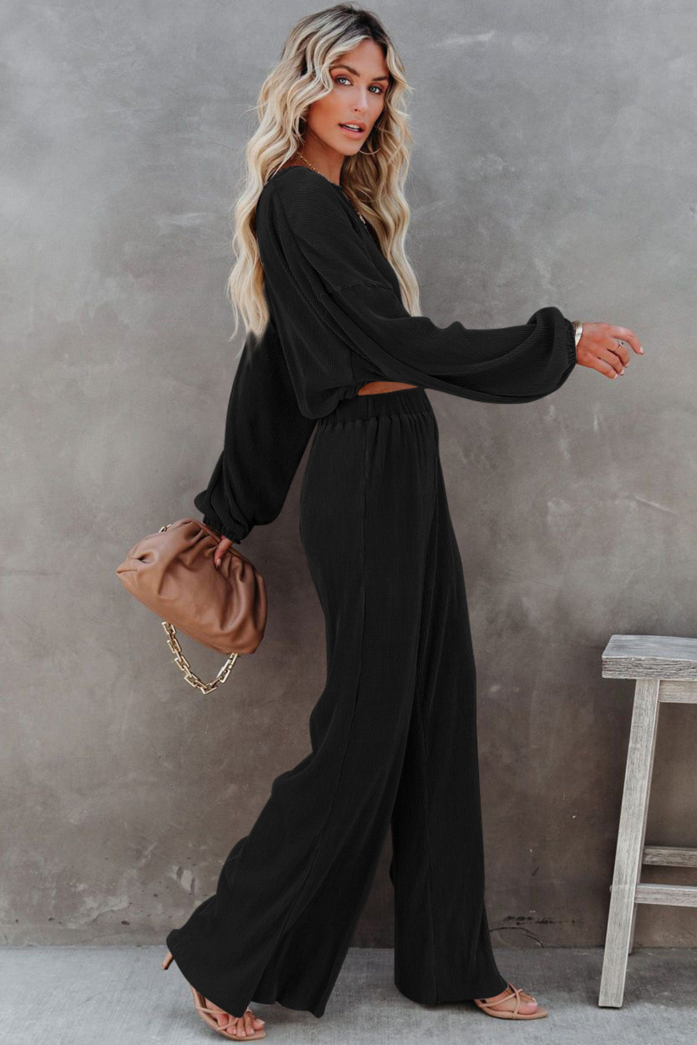 Black Corded Cropped Pullover and Wide Leg Pants Set - Premium Loungewear from Momma Done Gone Crafty- Just $65.94! Shop now at Momma Done Gone Crafty