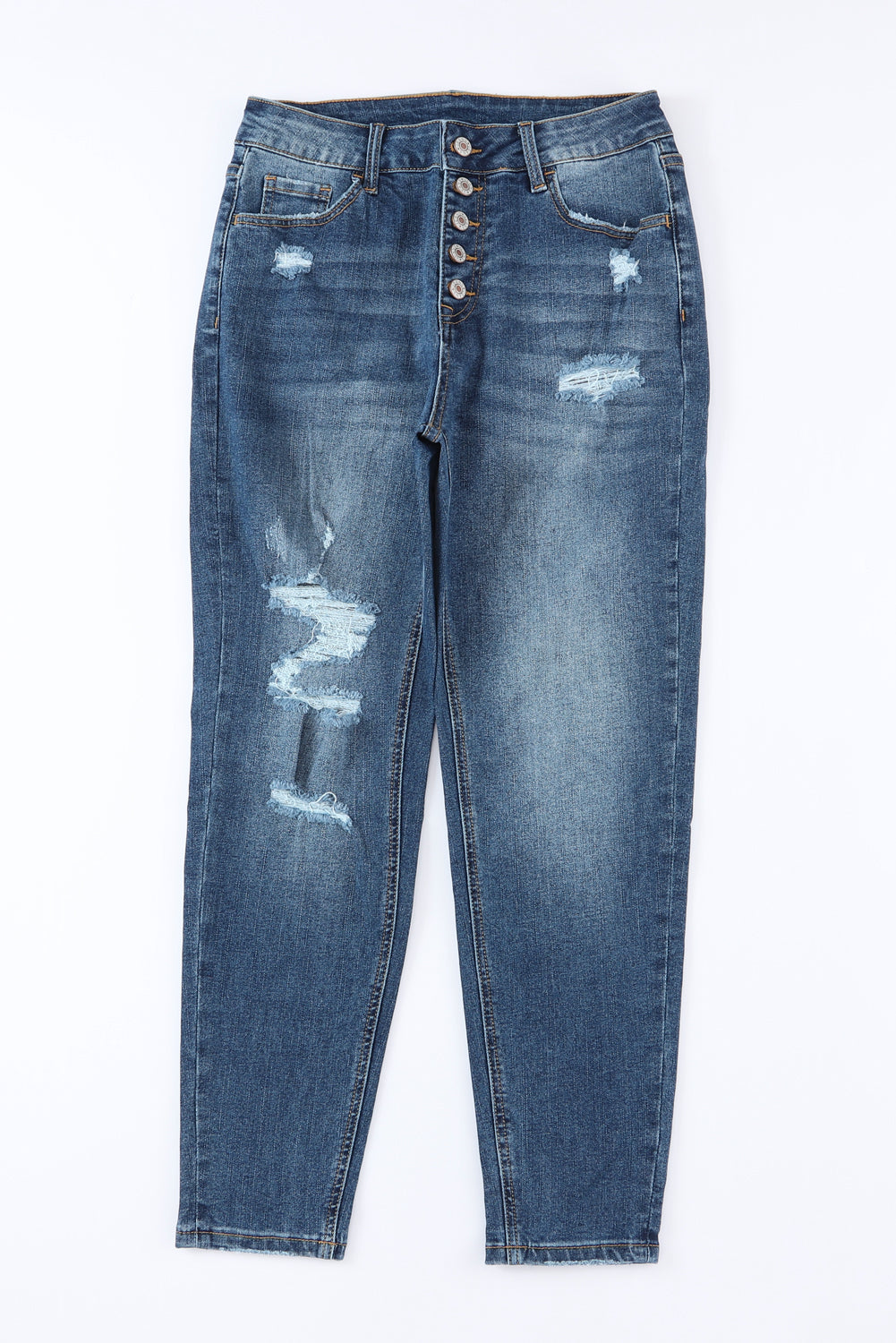 Blue Distressed Button Fly High Waist Skinny Jeans - Premium Bottoms from Momma Done Gone Crafty- Just $35.40! Shop now at Momma Done Gone Crafty