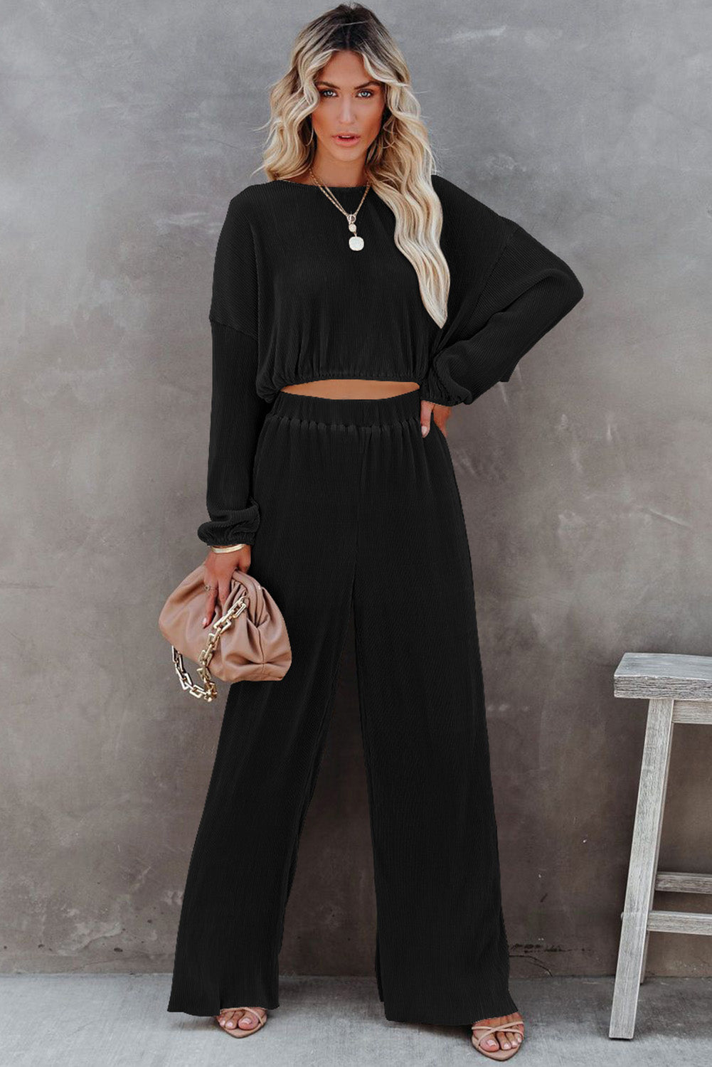 Black Corded Cropped Pullover and Wide Leg Pants Set - Premium Loungewear from Momma Done Gone Crafty- Just $65.94! Shop now at Momma Done Gone Crafty