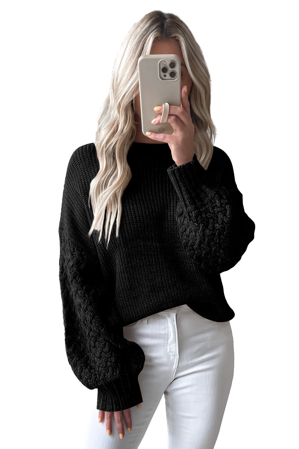 Black Cable Knit Sleeve Drop Shoulder Sweater - Premium Tops from Momma Done Gone Crafty- Just $38.99! Shop now at Momma Done Gone Crafty