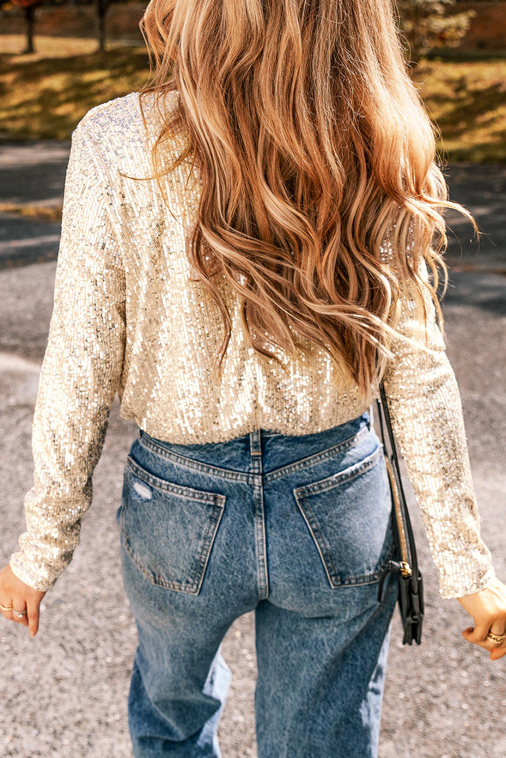 Beige Sequin Long Sleeve Wrap V Neck Bodysuit - Premium Tops/Bodysuits from Momma Done Gone Crafty- Just $31.95! Shop now at Momma Done Gone Crafty