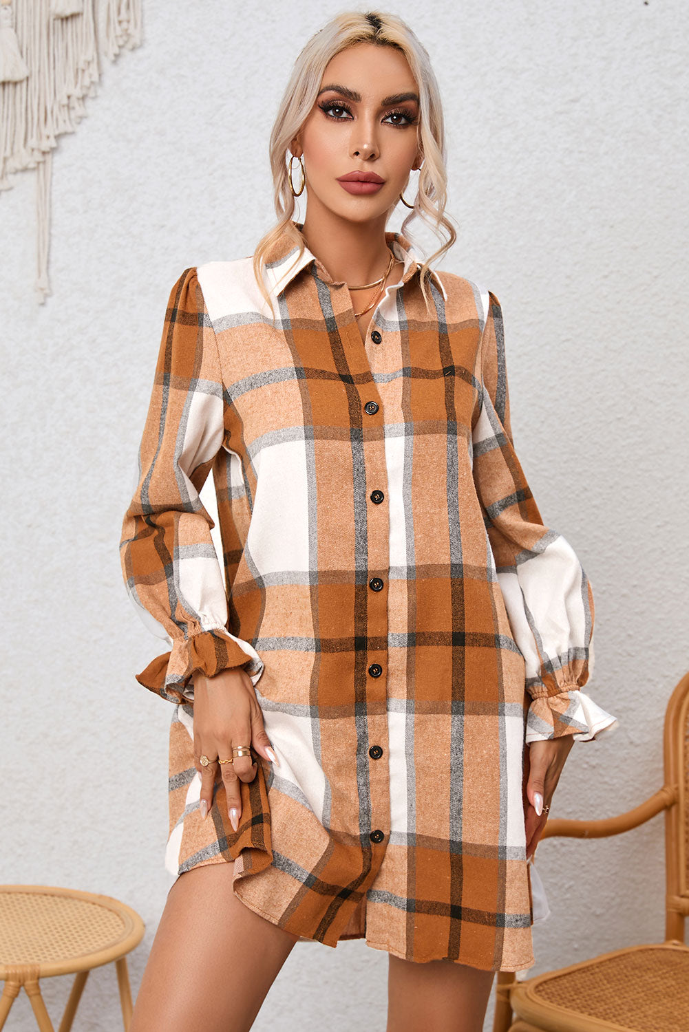 Khaki Plaid Pattern Collared Neck Ruffled Sleeve Shirt Dress - Premium Dresses from Momma Done Gone Crafty- Just $23.70! Shop now at Momma Done Gone Crafty