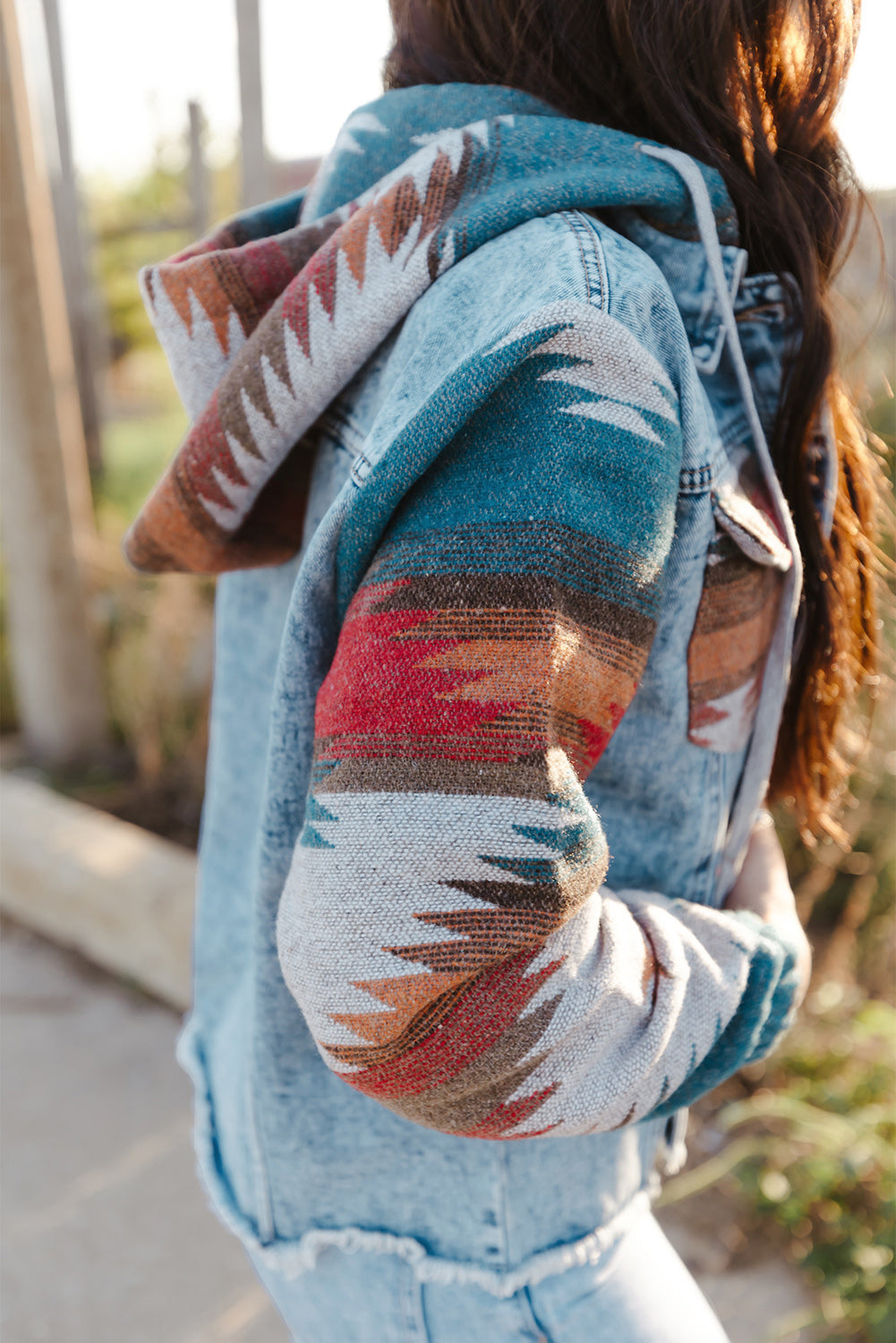 Multicolor Aztec Print Frayed Hem Denim Jacket - Premium Outerwear from Momma Done Gone Crafty- Just $46.00! Shop now at Momma Done Gone Crafty