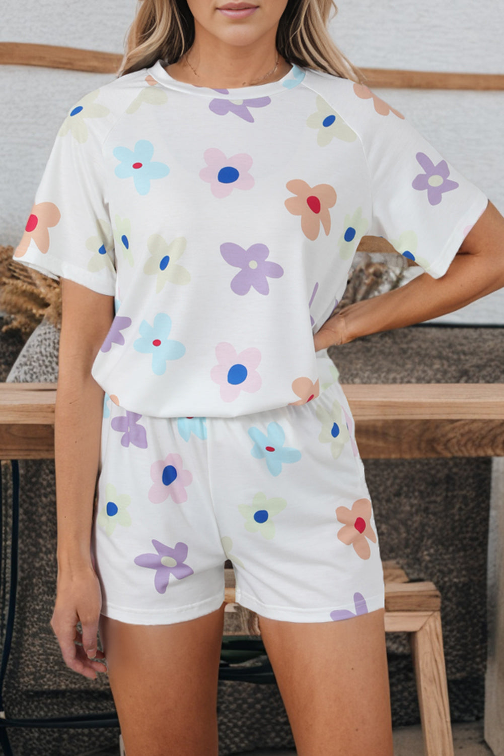 White Flower Print Short Sleeve High Waist Two Piece Shorts Set - Premium Loungewear from Momma Done Gone Crafty- Just $18.99! Shop now at Momma Done Gone Crafty