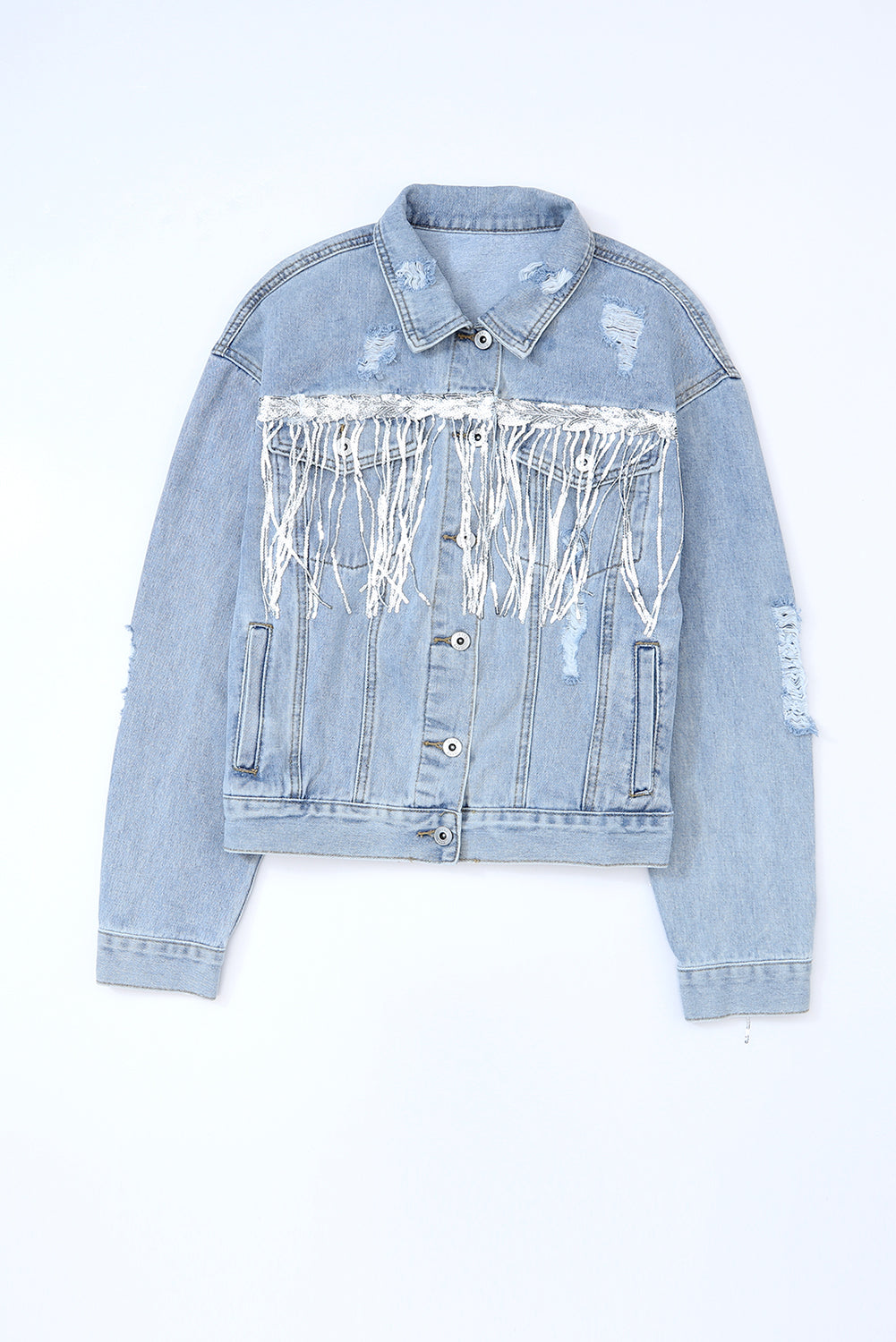 Sky Blue Sequin Embellished Fringe Distressed Denim Jacket - Premium Outerwear from Momma Done Gone Crafty- Just $52.80! Shop now at Momma Done Gone Crafty