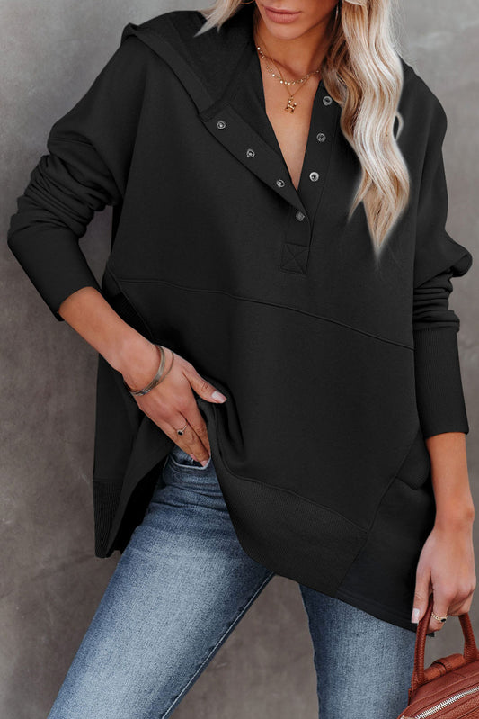 Black Batwing Sleeve Pocketed Henley Hoodie - Premium Tops from Momma Done Gone Crafty- Just $38.40! Shop now at Momma Done Gone Crafty