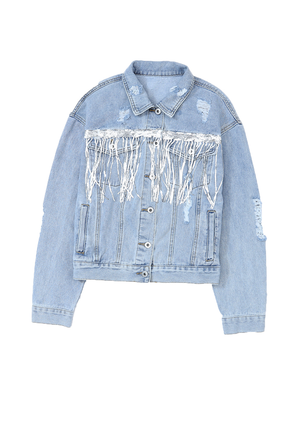 Sky Blue Sequin Embellished Fringe Distressed Denim Jacket - Premium Outerwear from Momma Done Gone Crafty- Just $52.80! Shop now at Momma Done Gone Crafty