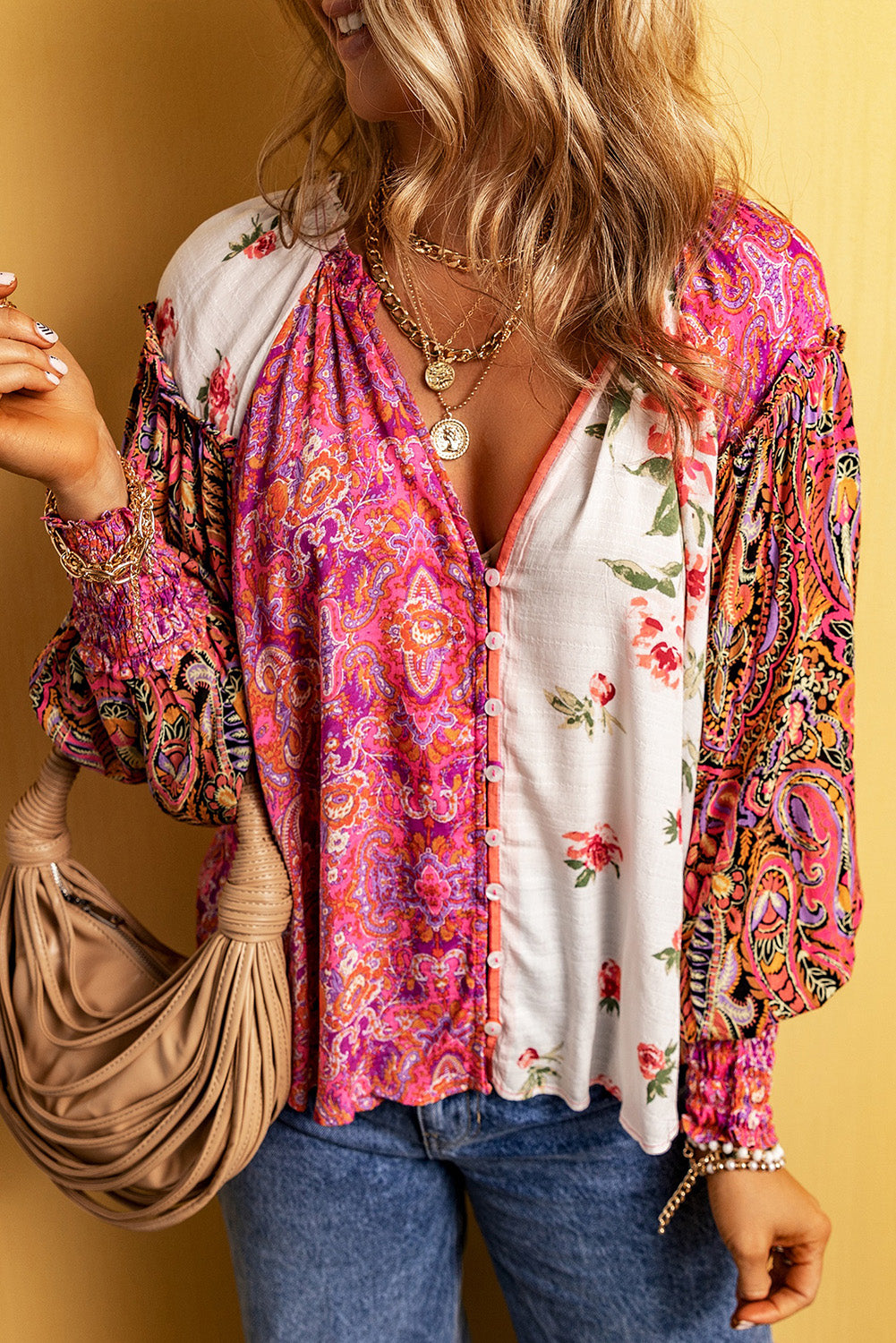 Multicolor Floral Patchwork Shirred Cuff Buttoned V Neck Blouse - Premium Tops from Momma Done Gone Crafty- Just $41.94! Shop now at Momma Done Gone Crafty