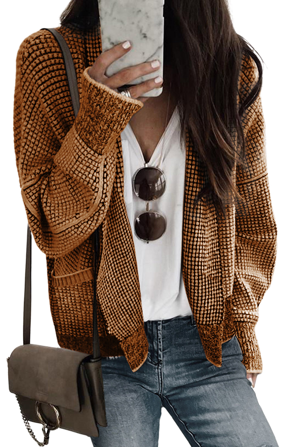 Brown Chunky Waffle Knit Oversized Collar Cardigan - Premium Tops from Momma Done Gone Crafty- Just $47.70! Shop now at Momma Done Gone Crafty