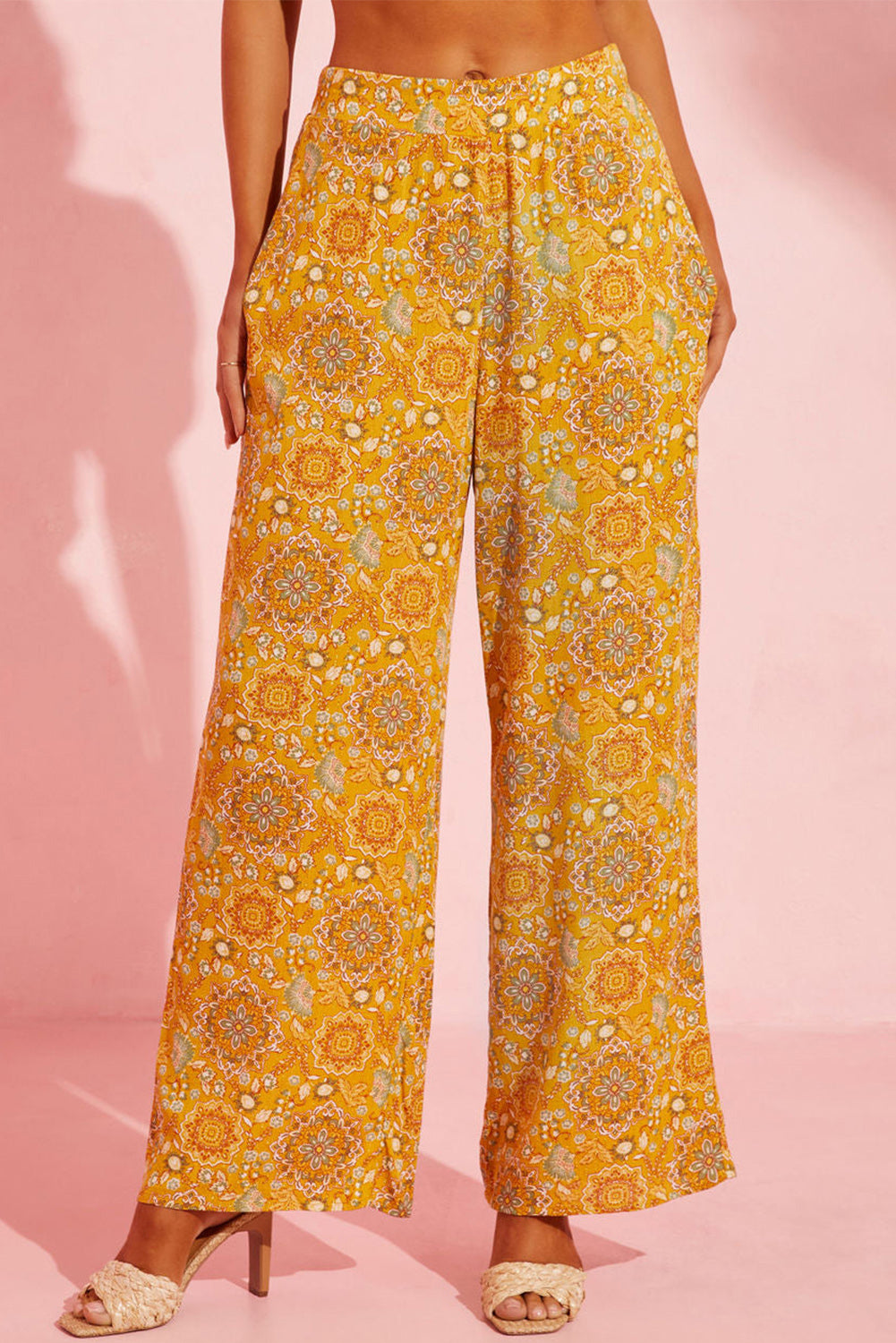 Yellow Bohemian Floral Print Pocketed Wide Leg Pants - Premium Bottoms from Momma Done Gone Crafty- Just $52.86! Shop now at Momma Done Gone Crafty