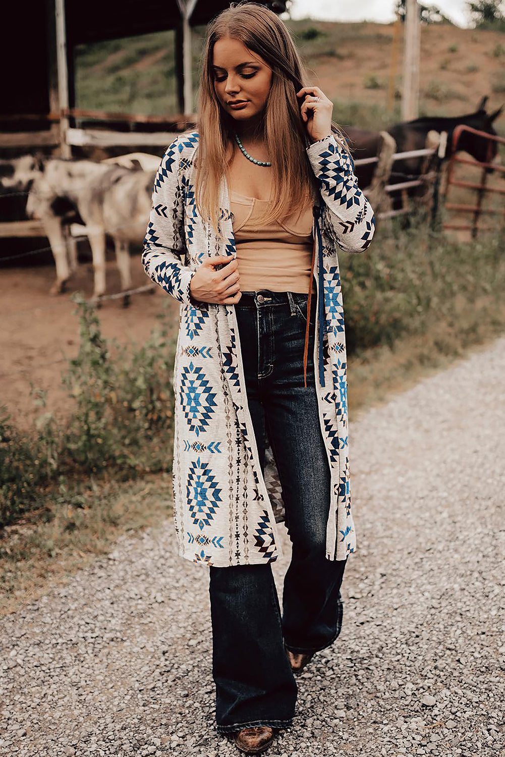 Sky Blue Western Aztec Printed Open Front Long Cardigan - Premium Sweaters & Cardigans/Cardigans from Momma Done Gone Crafty- Just $26.99! Shop now at Momma Done Gone Crafty