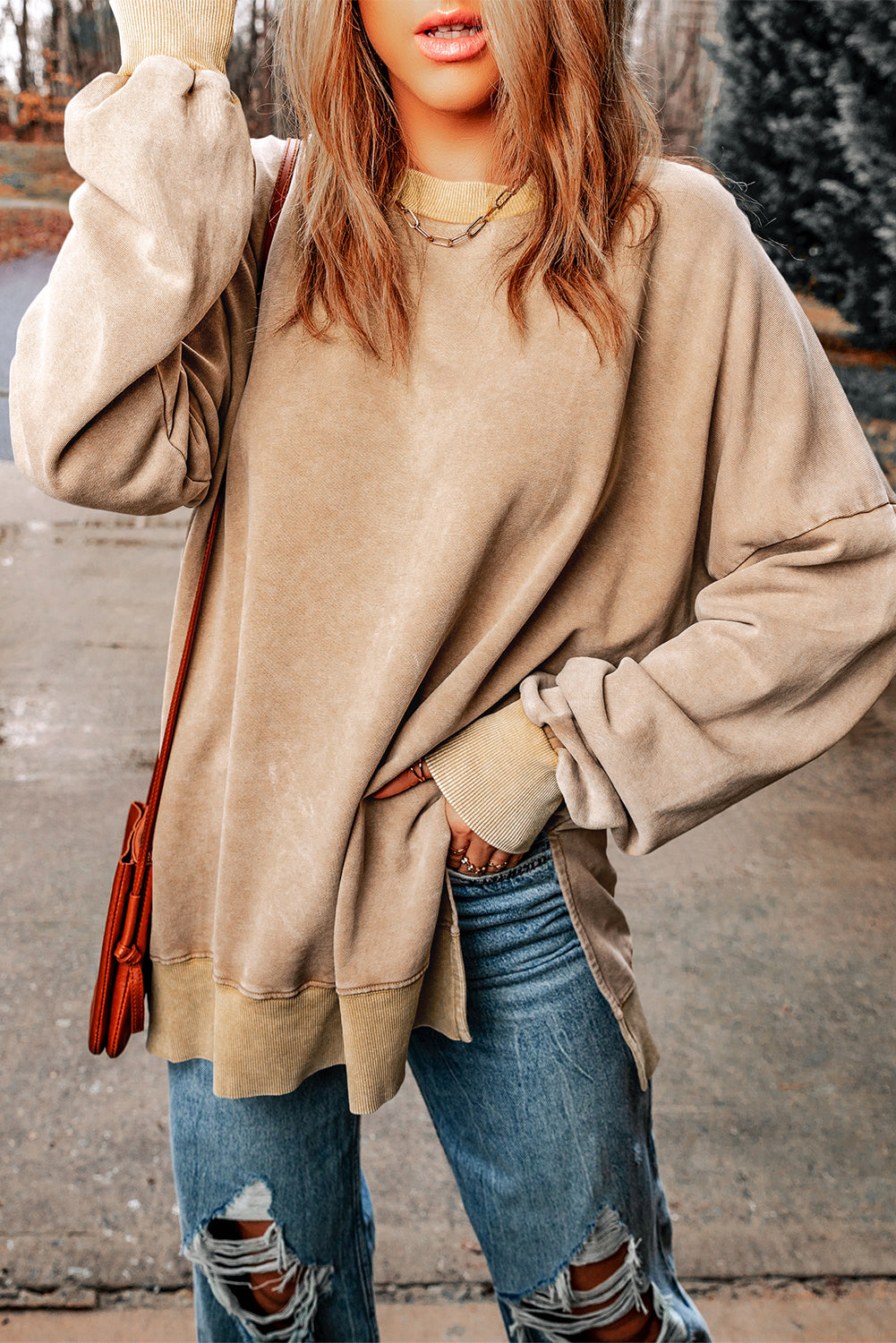 Khaki Drop Shoulder Ribbed Trim Oversized Sweatshirt - Premium Tops from Momma Done Gone Crafty- Just $38! Shop now at Momma Done Gone Crafty