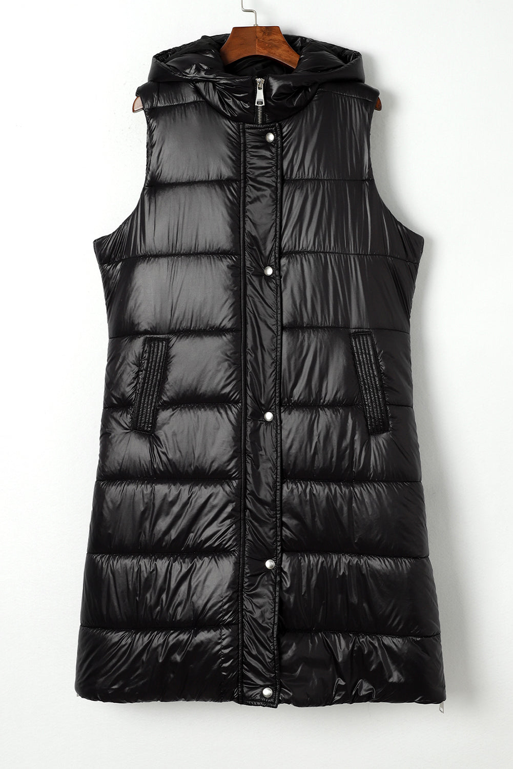 Black Hooded Long Quilted Vest Coat - Premium Outerwear from Momma Done Gone Crafty- Just $90.72! Shop now at Momma Done Gone Crafty