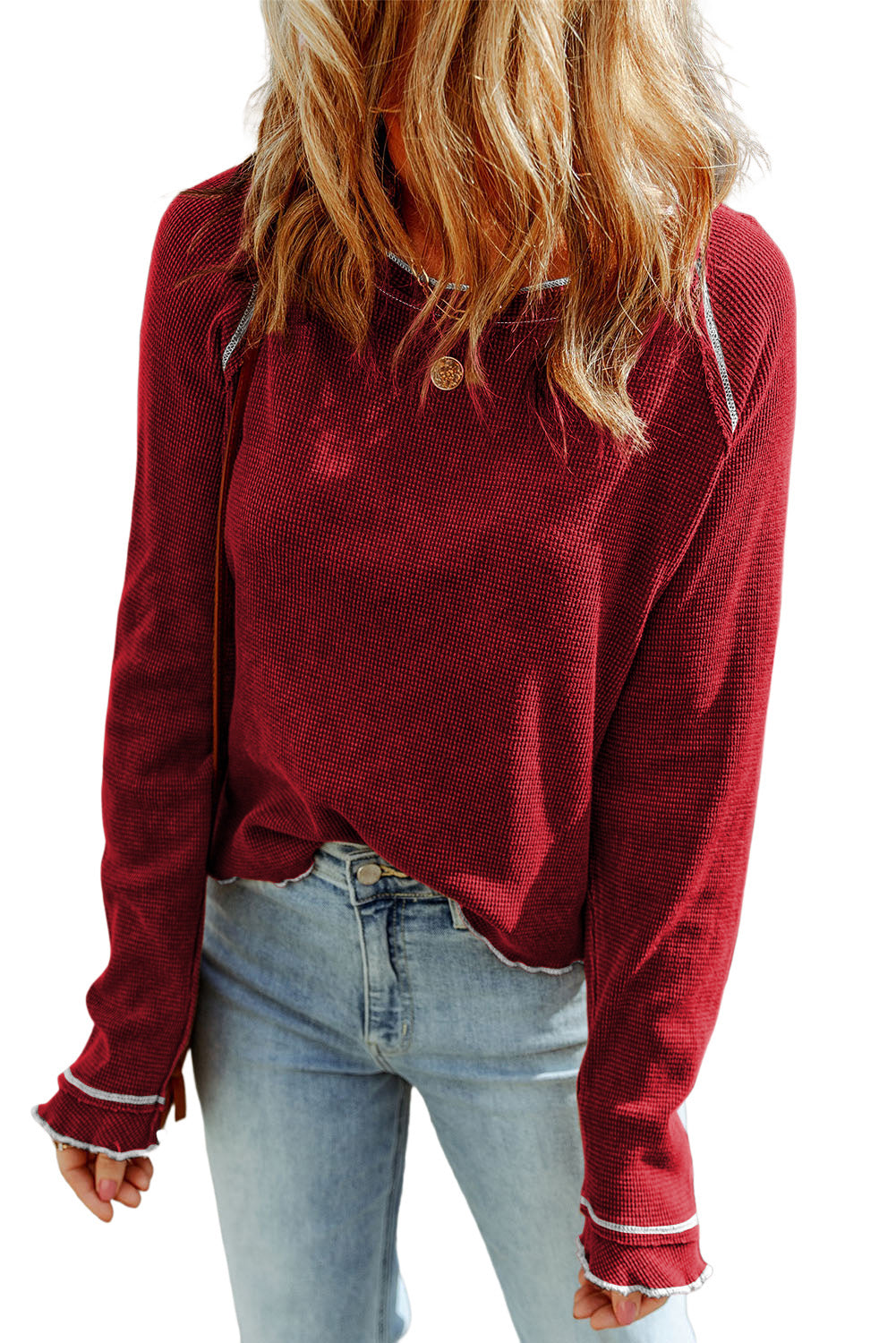 Red Textured Round Neck Long Sleeve Top - Premium Tops from Momma Done Gone Crafty- Just $13.20! Shop now at Momma Done Gone Crafty