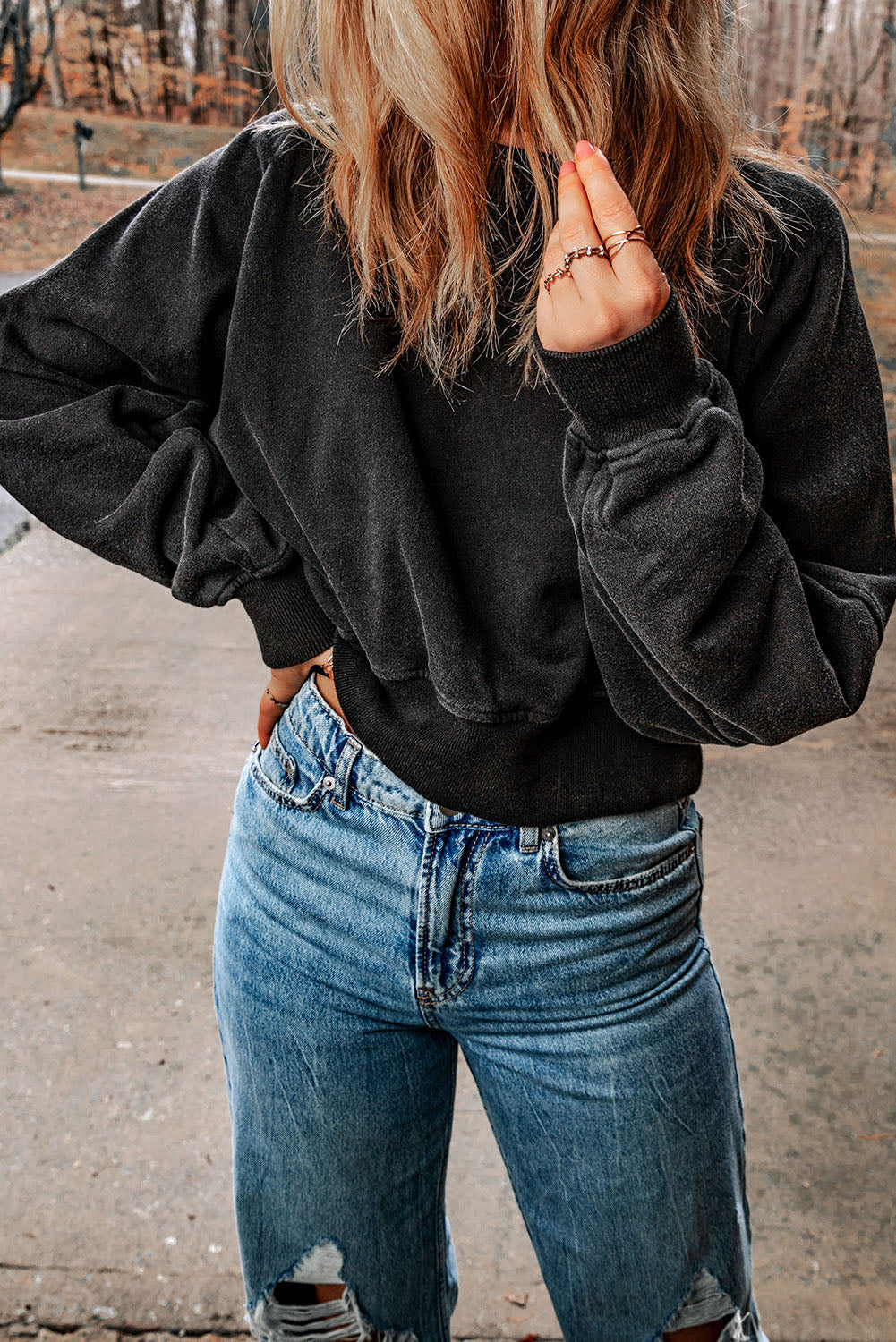 Black Acid Wash V-shape Open Back Sweatshirt - Premium Tops from Momma Done Gone Crafty- Just $52.00! Shop now at Momma Done Gone Crafty