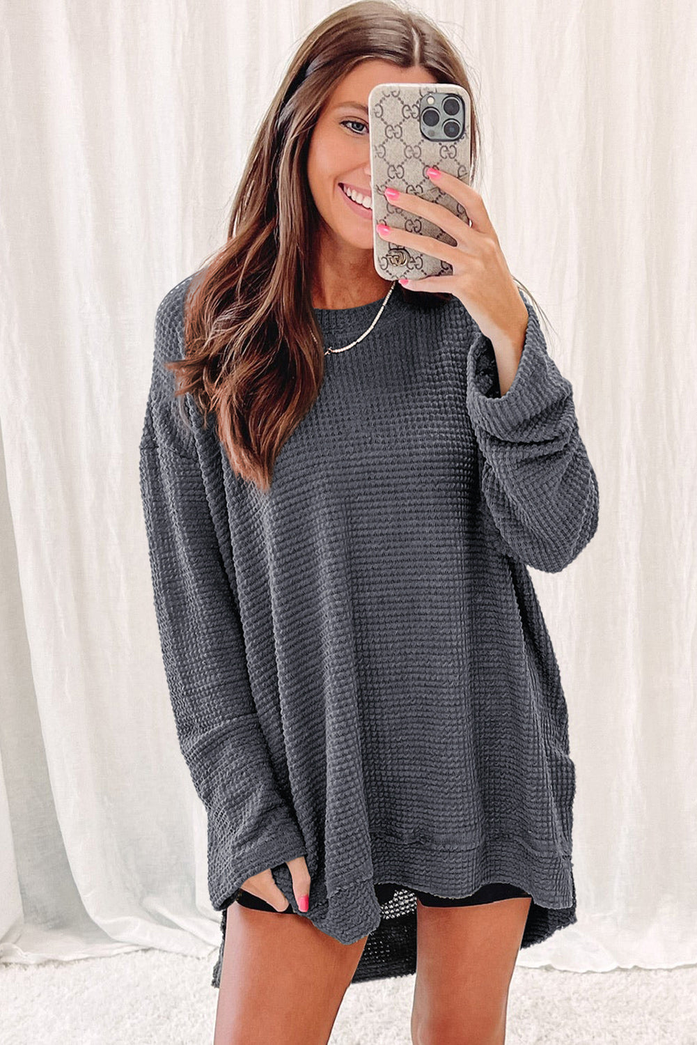 Gray Waffle Knit High Slits Oversized Top - Premium Tops from Momma Done Gone Crafty- Just $32.97! Shop now at Momma Done Gone Crafty