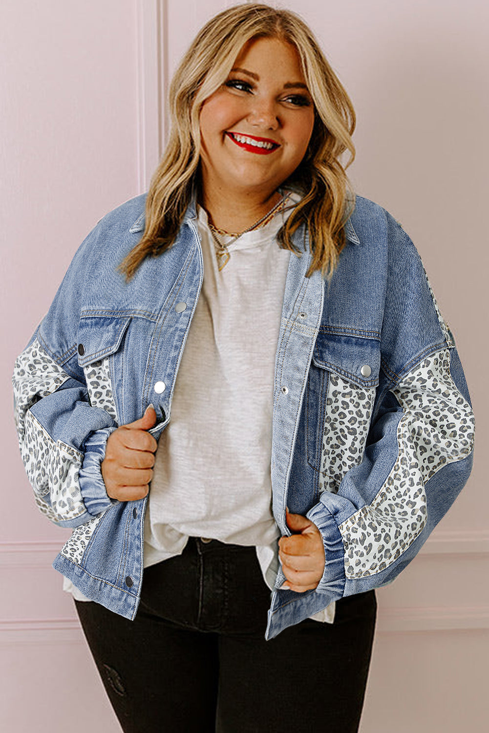 Beau Blue Leopard Patchwork Flap Detail Plus Size Denim Jacket - Premium Plus Size/Plus Size Outerwear from Momma Done Gone Crafty- Just $46.80! Shop now at Momma Done Gone Crafty