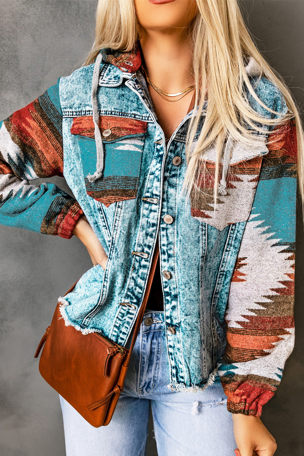 Multicolor Aztec Print Frayed Hem Denim Jacket - Premium Outerwear from Momma Done Gone Crafty- Just $46! Shop now at Momma Done Gone Crafty