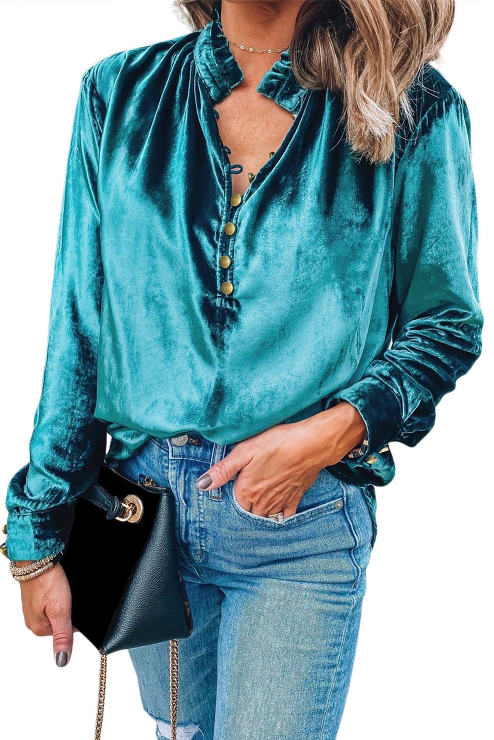 Green Frilled Neck Buttoned Front Velvet Top - Premium Tops from Momma Done Gone Crafty- Just $23.40! Shop now at Momma Done Gone Crafty