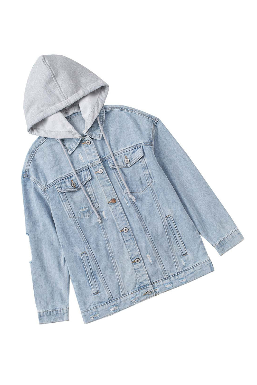 Sky Blue Button Closure Ripped Hooded Denim Jacket - Premium Outerwear from Momma Done Gone Crafty- Just $60.00! Shop now at Momma Done Gone Crafty