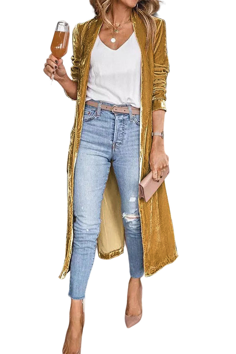 Yellow Velvet Open Front Pocketed Long Duster - Premium Tops from Momma Done Gone Crafty- Just $30.00! Shop now at Momma Done Gone Crafty