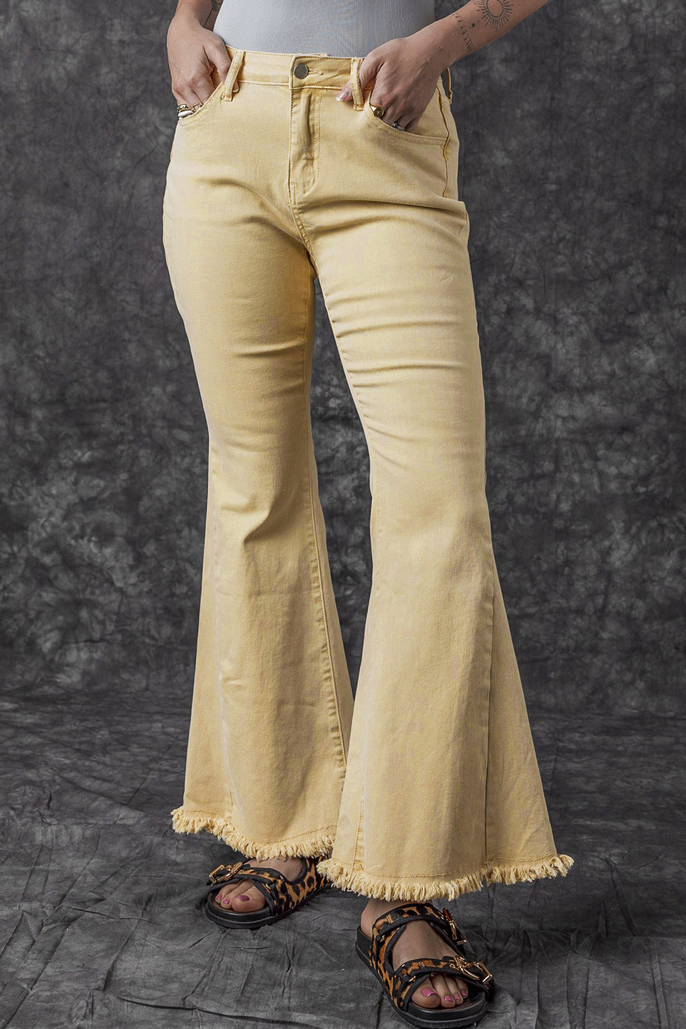 Khaki Raw Edge Mid Waist Flared Jeans - Premium Bottoms from Momma Done Gone Crafty- Just $60! Shop now at Momma Done Gone Crafty