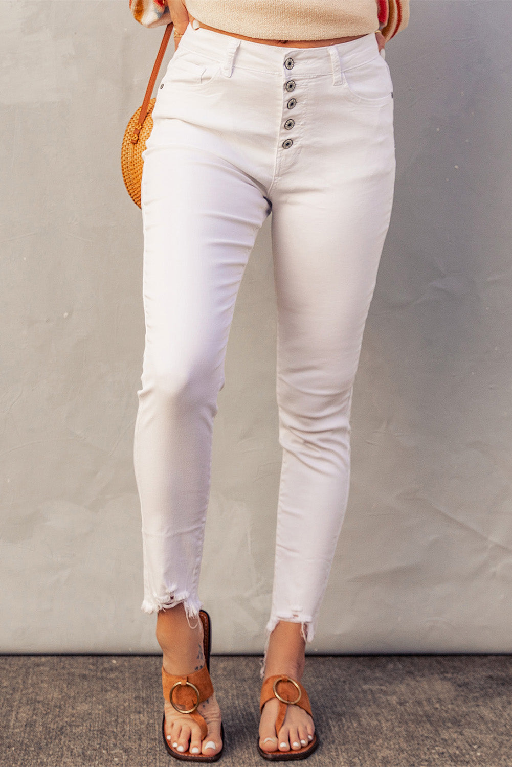 White Plain High Waist Buttons Frayed Cropped Denim Jeans - Premium Bottoms/Jeans from Momma Done Gone Crafty- Just $32.94! Shop now at Momma Done Gone Crafty