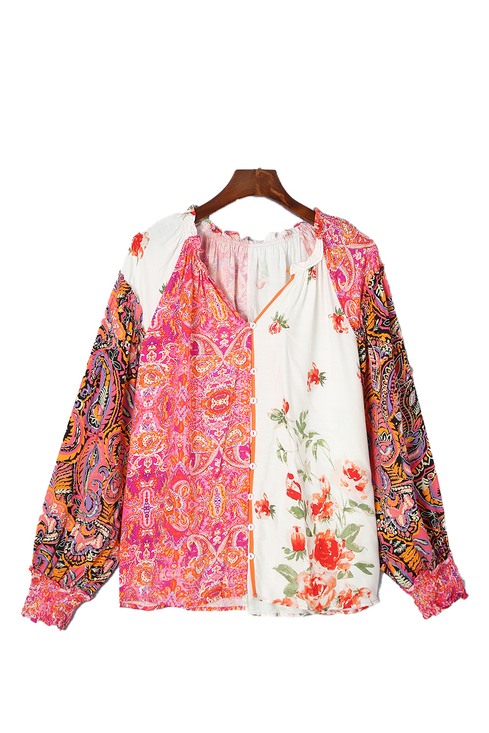 Multicolor Floral Patchwork Shirred Cuff Buttoned V Neck Blouse - Premium Tops from Momma Done Gone Crafty- Just $41.94! Shop now at Momma Done Gone Crafty