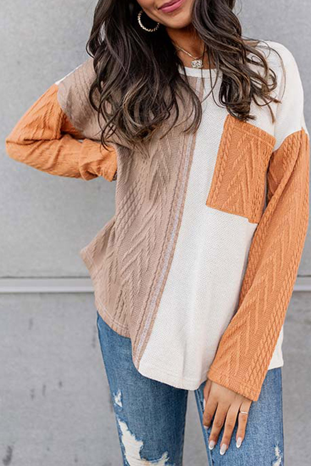 Orange Long Sleeve Colorblock Chest Pocket Textured Knit Top - Premium Tops from Momma Done Gone Crafty- Just $19.20! Shop now at Momma Done Gone Crafty