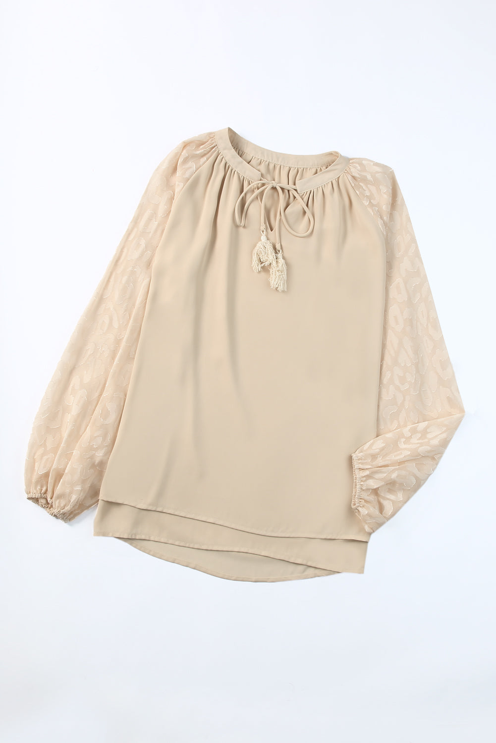 Beige Leopard Mesh Bubble Sleeve Split Neck Blouse - Premium Tops from Momma Done Gone Crafty- Just $38.94! Shop now at Momma Done Gone Crafty