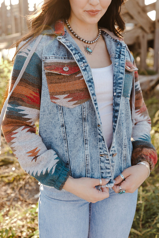 Multicolor Aztec Print Frayed Hem Denim Jacket - Premium Outerwear from Momma Done Gone Crafty- Just $46.00! Shop now at Momma Done Gone Crafty