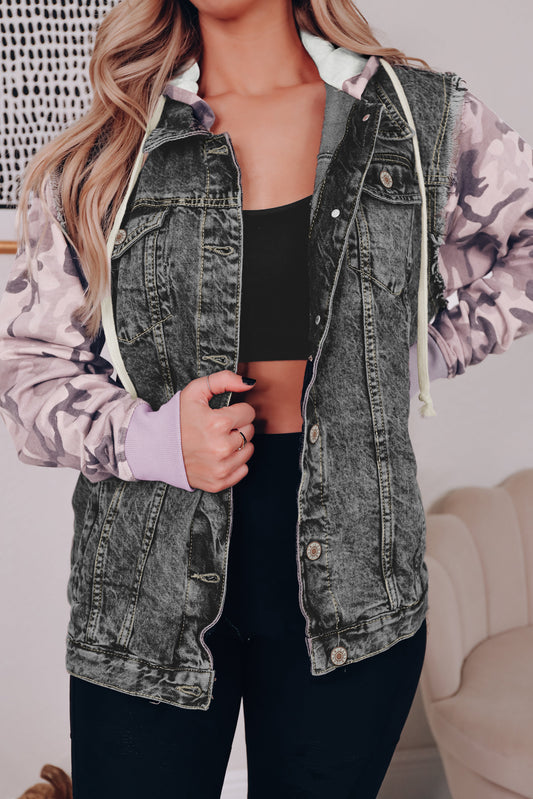 Black Camo Sleeve Hooded Buttoned Denim Jacket - Premium Outerwear/Denim jackets from Momma Done Gone Crafty- Just $64.99! Shop now at Momma Done Gone Crafty