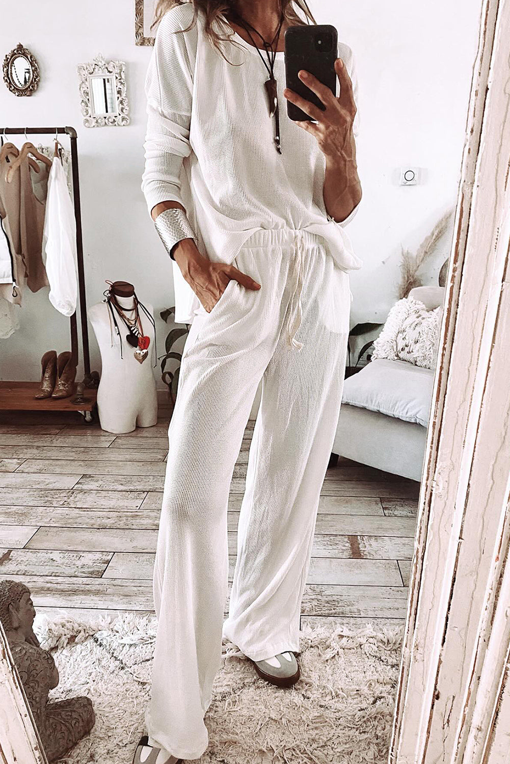 White Textured Long Sleeve T Shirt and Pants Lounge Set - Premium Loungewear & Sleepwear/Loungewear from Momma Done Gone Crafty- Just $51.99! Shop now at Momma Done Gone Crafty