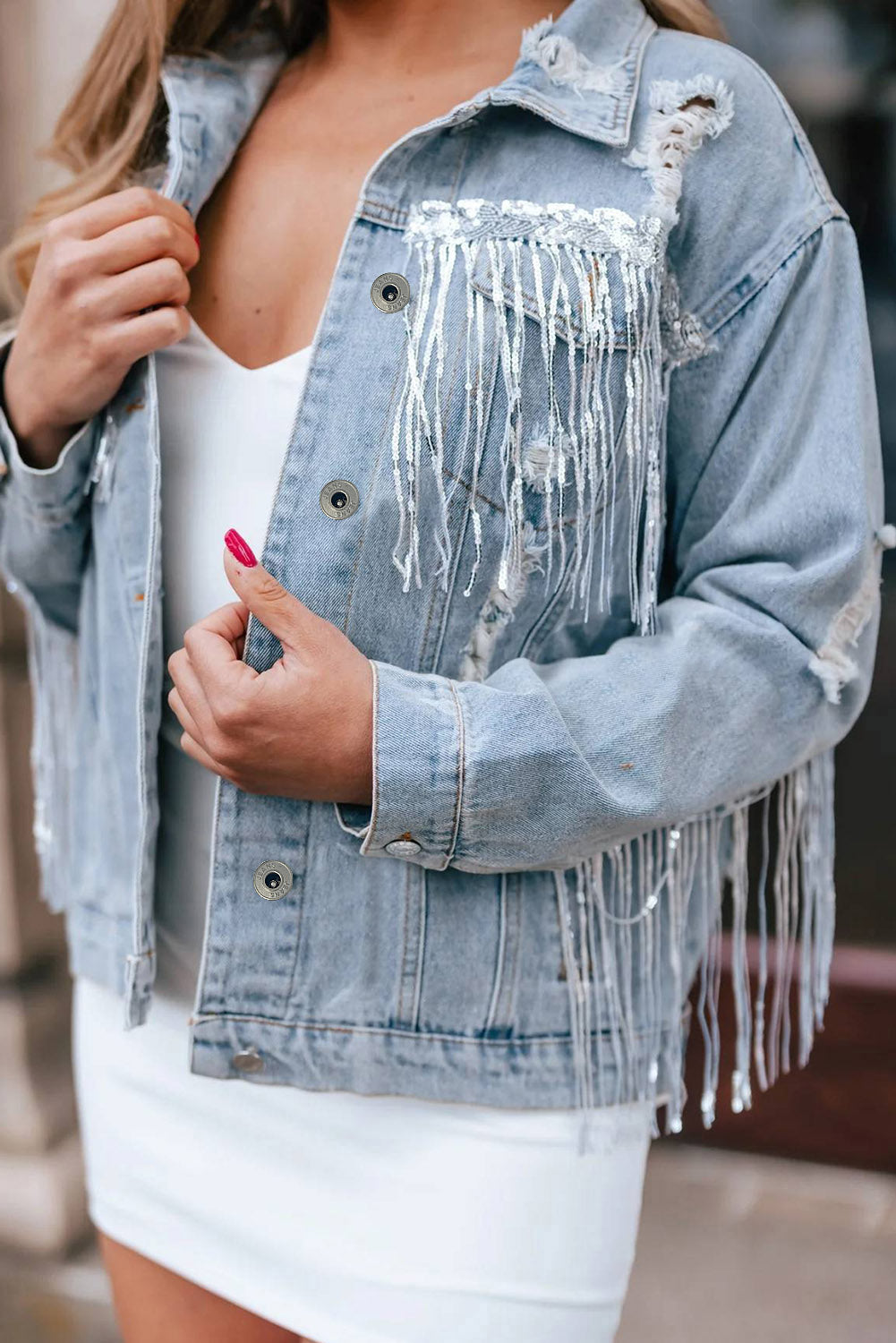 Sky Blue Sequin Embellished Fringe Distressed Denim Jacket - Premium Outerwear from Momma Done Gone Crafty- Just $52.80! Shop now at Momma Done Gone Crafty