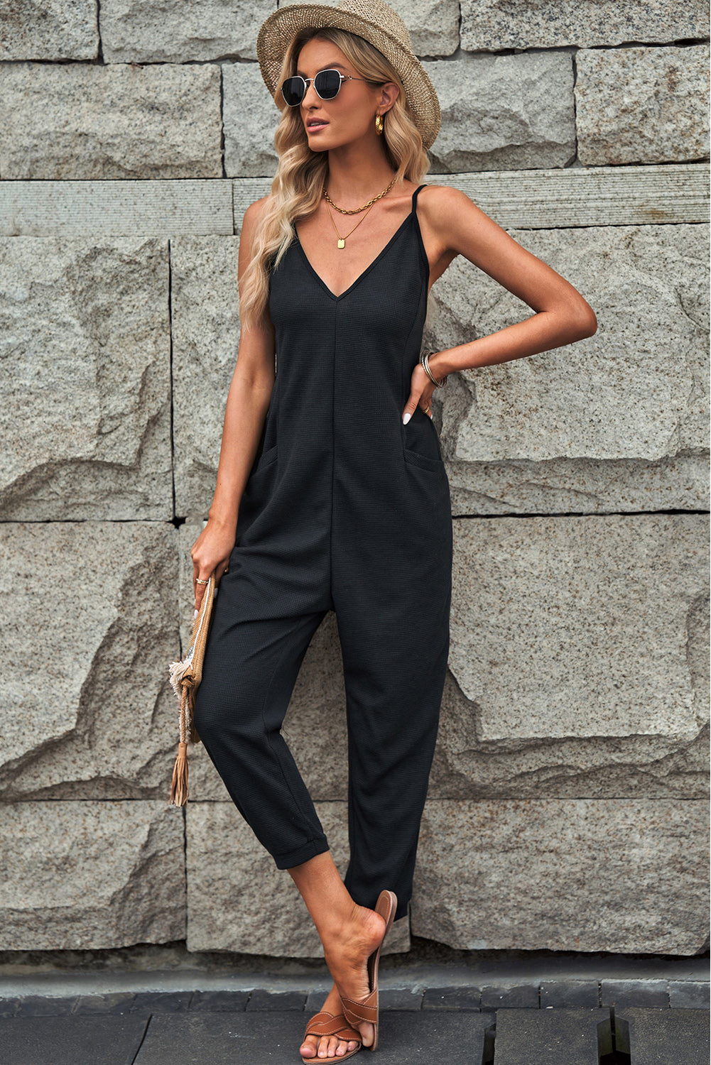 Black Textured Sleeveless V-Neck Pocketed Casual Jumpsuit - Premium Bottoms from Momma Done Gone Crafty- Just $26.99! Shop now at Momma Done Gone Crafty