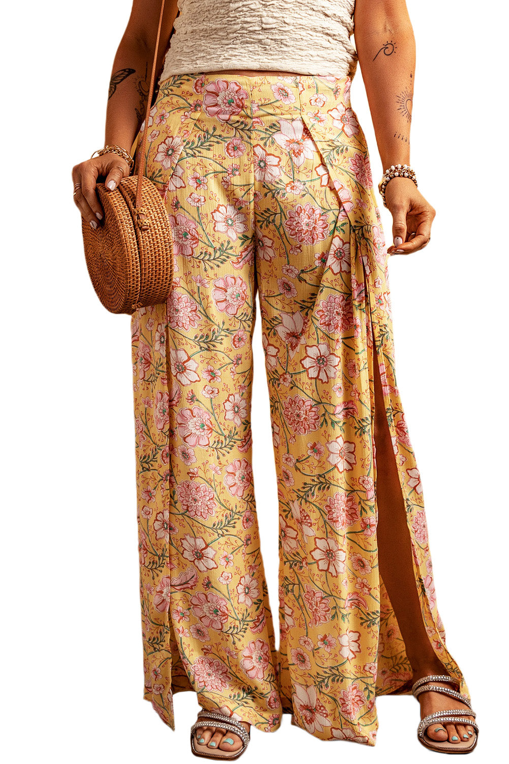 Yellow Floral Print High Slit Wide Leg Pants - Premium Bottoms from Momma Done Gone Crafty- Just $53.25! Shop now at Momma Done Gone Crafty