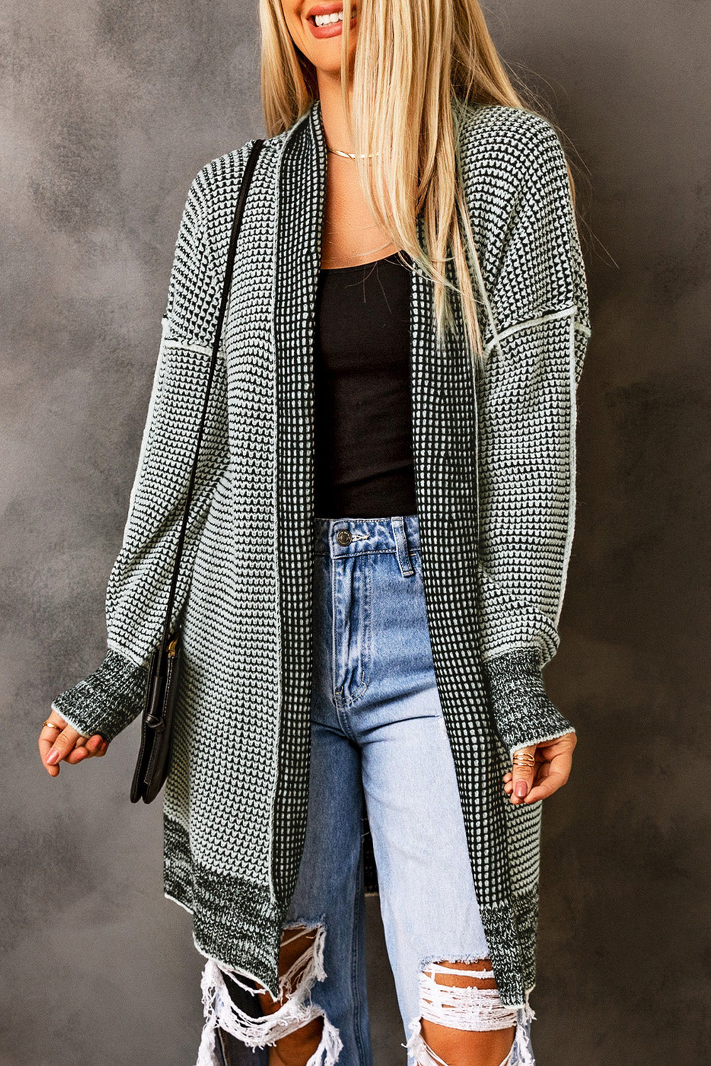 Gray Plaid Knitted Long Open Front Cardigan - Premium Tops from Momma Done Gone Crafty- Just $35.94! Shop now at Momma Done Gone Crafty